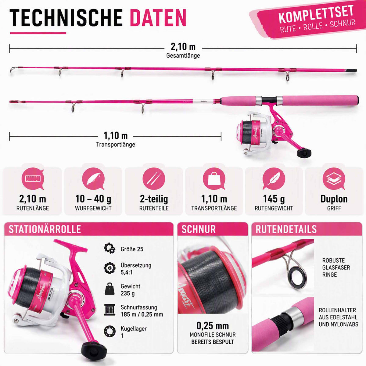Balzer Fishing Queen Spin 40 Angelset – 2,10 m | Rute, Rolle & Schnur