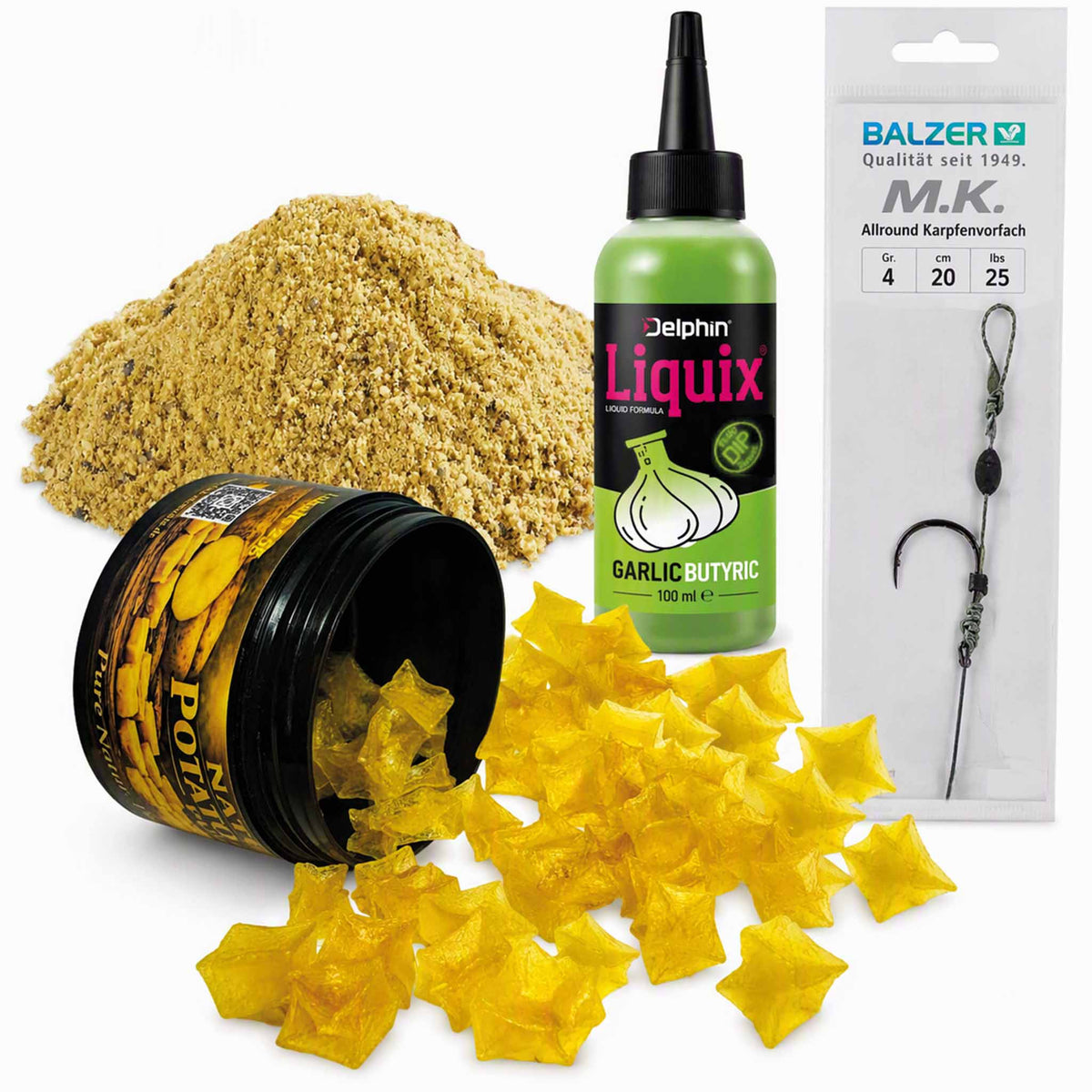 F&E Kartoffel-Knoblauch Karpfen-Set – Köder, Futter, Dip & Rig