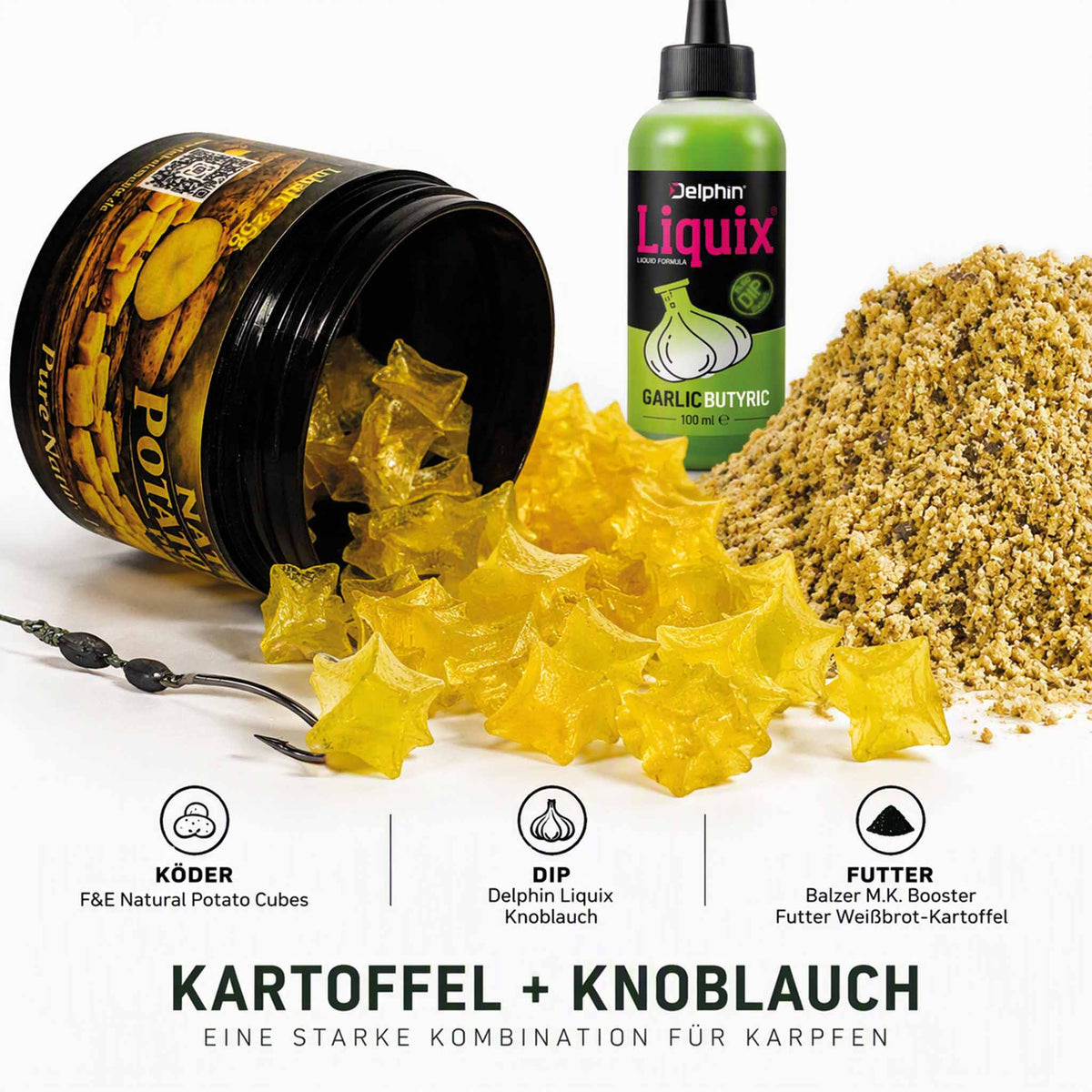 F&E Kartoffel-Knoblauch Karpfen-Set – Köder, Futter, Dip & Rig