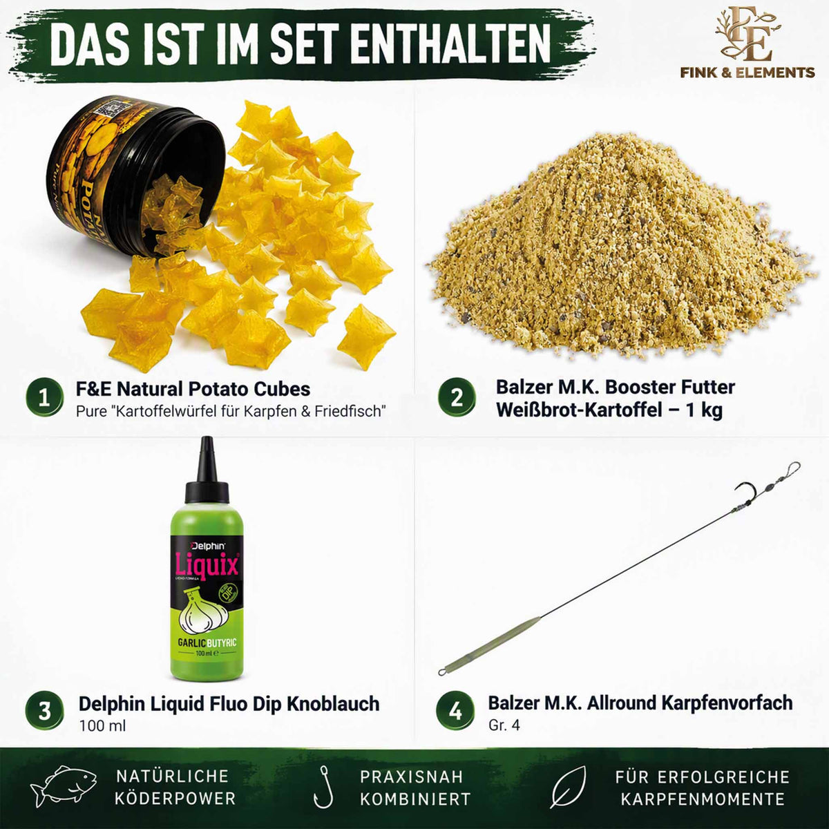 F&E Kartoffel-Knoblauch Karpfen-Set – Köder, Futter, Dip & Rig