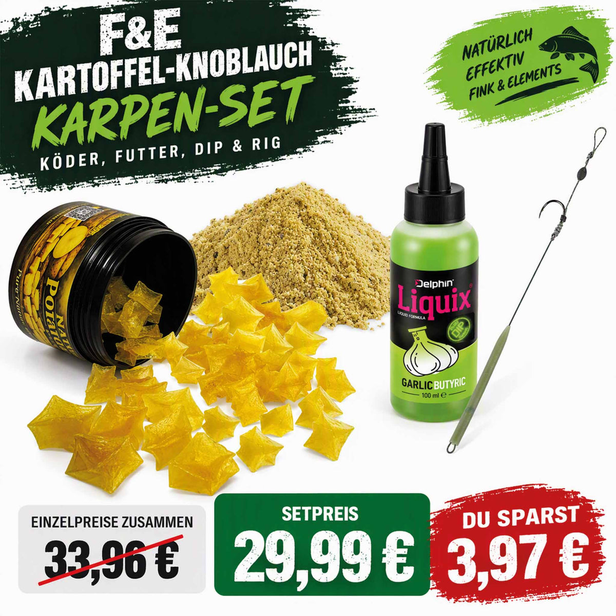 F&E Kartoffel-Knoblauch Karpfen-Set – Köder, Futter, Dip & Rig