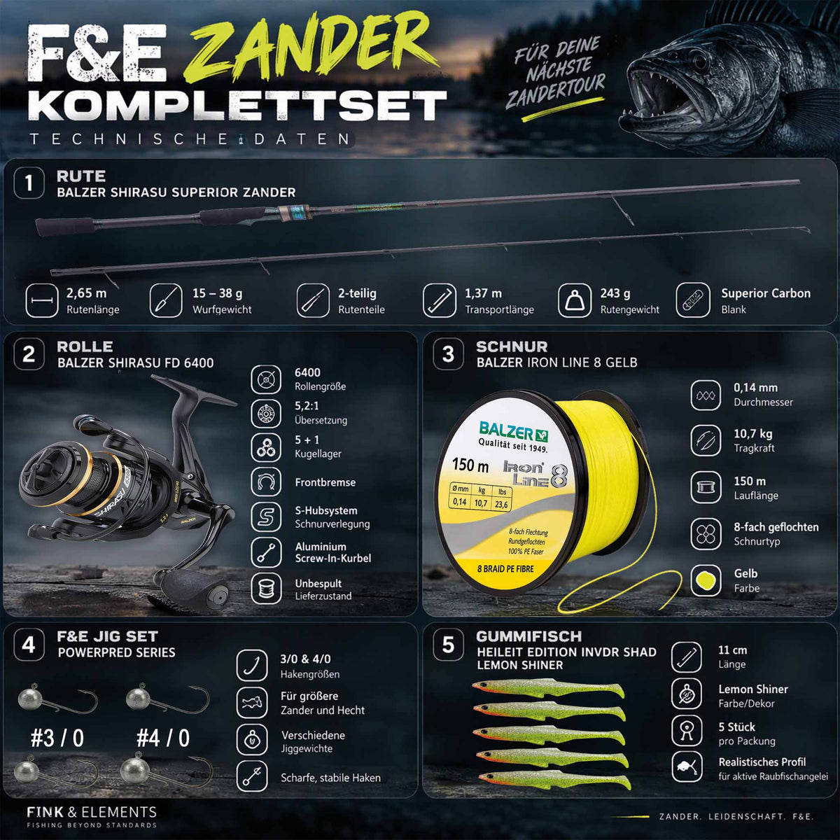 F&E Zander Komplettset – Rute, Rolle, Schnur, Jigs & Gummifisch