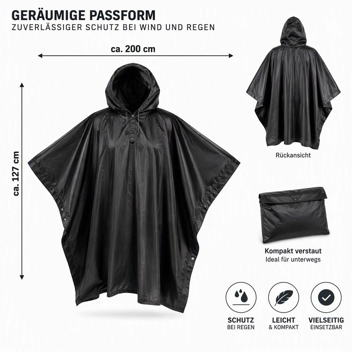 Poncho Schwarz Allrounder für Wind und Regen
