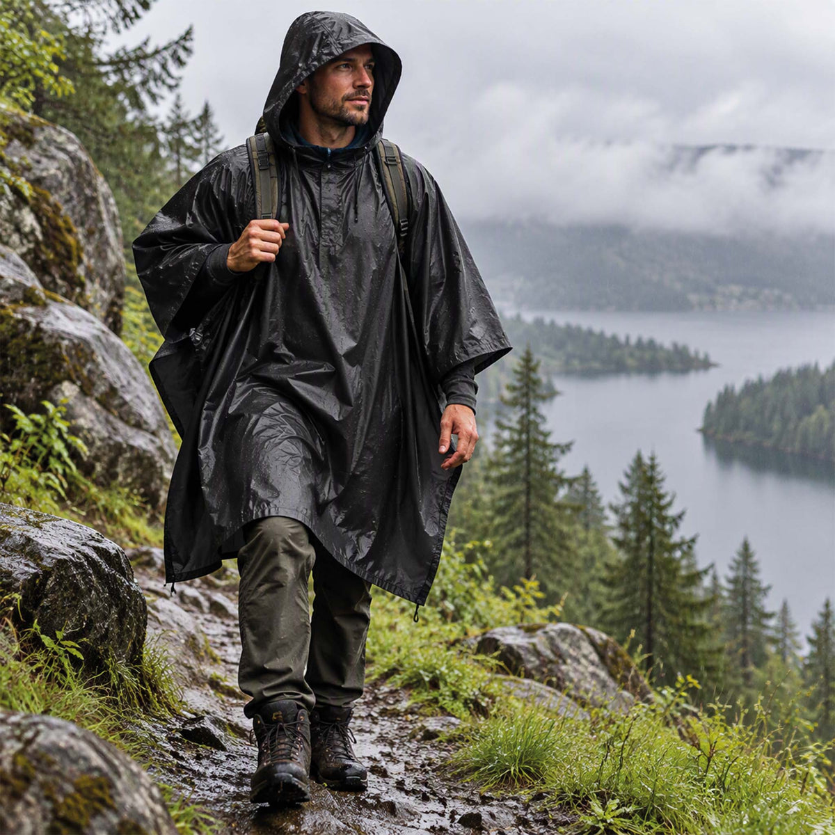 Poncho Schwarz Allrounder für Wind und Regen